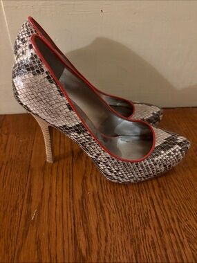 Guess Snakeskin Print High Heel Pumps with Red Trim